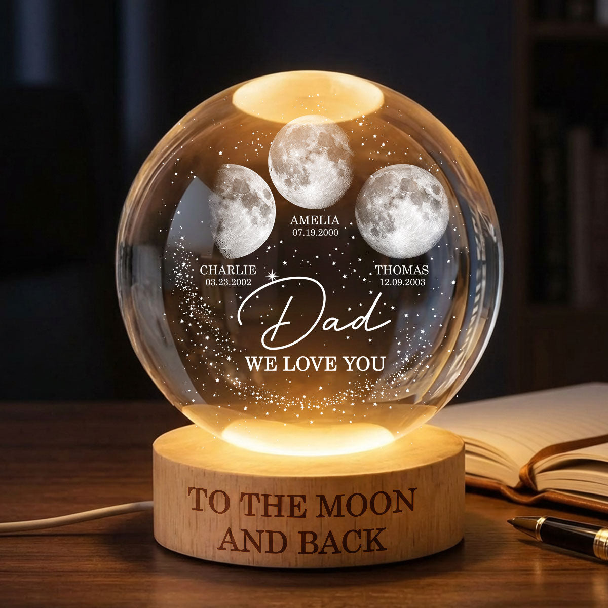 Love to the Moon and Back - Personalized Crystal Ball LED Night Light - Custom Moon Phase by Date, Gift for Dad, Husband