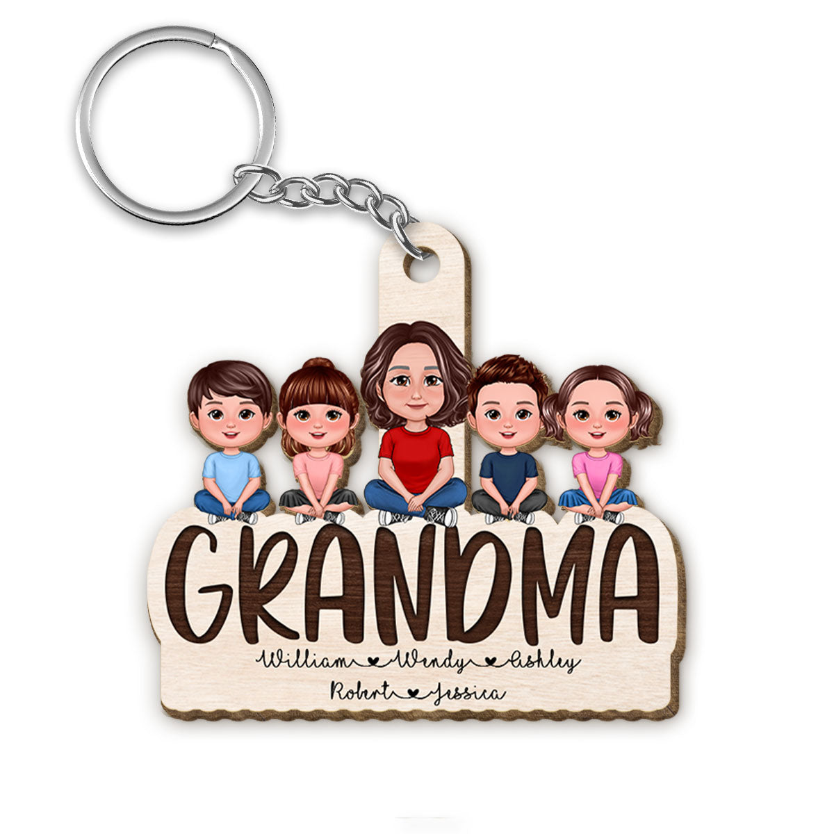 Grandma Grandkids Sitting On Text Personalized Wooden Keychain