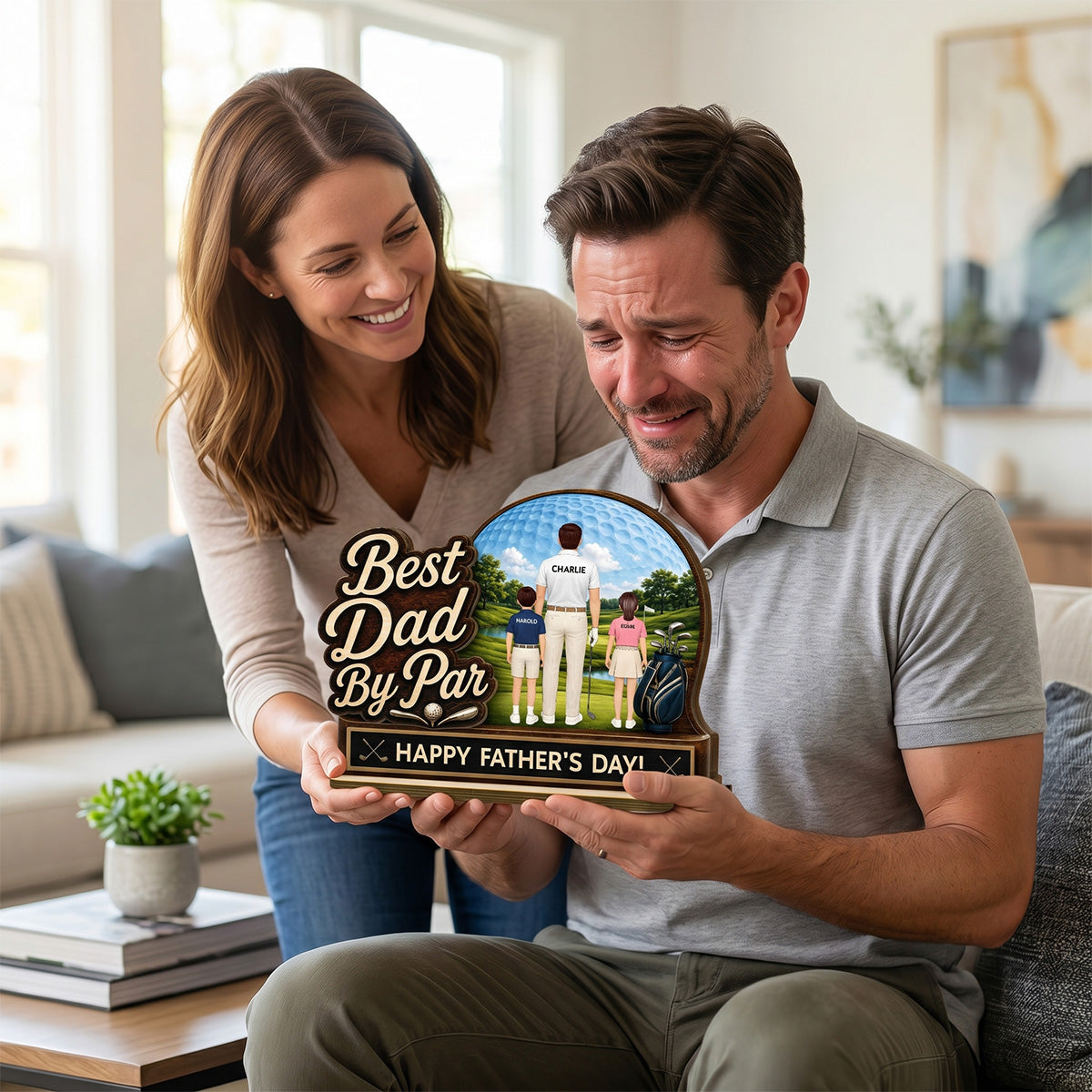 Best Dad By Par Custom Man & Kids Back View - Personalized 2-Layered Wooden Plaque - Gift For Golf Dad