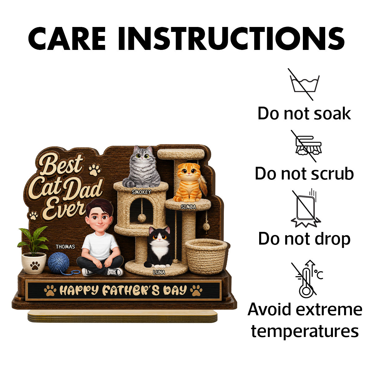 Best Cat Dad Ever Man Sitting Cute Cats On Cat Tree 2D Flat - Personalized 2-Layered Wooden Plaque - Gift For Cat Dad