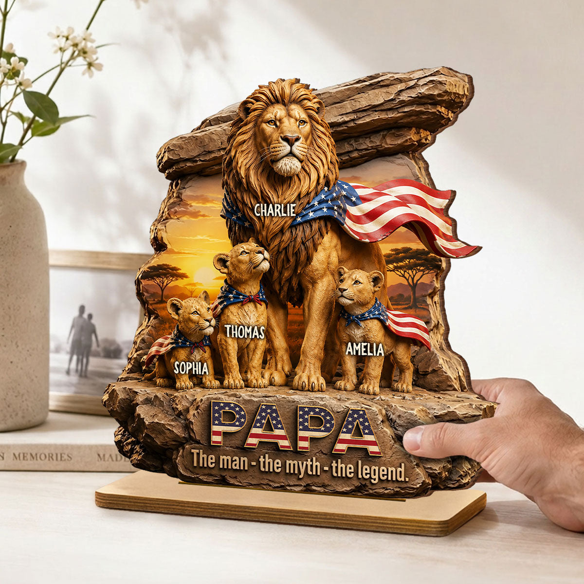 Lion Dad Papa the Legend - Personalized 2-Layered Wooden Plaque - Gift for Dad, Husband