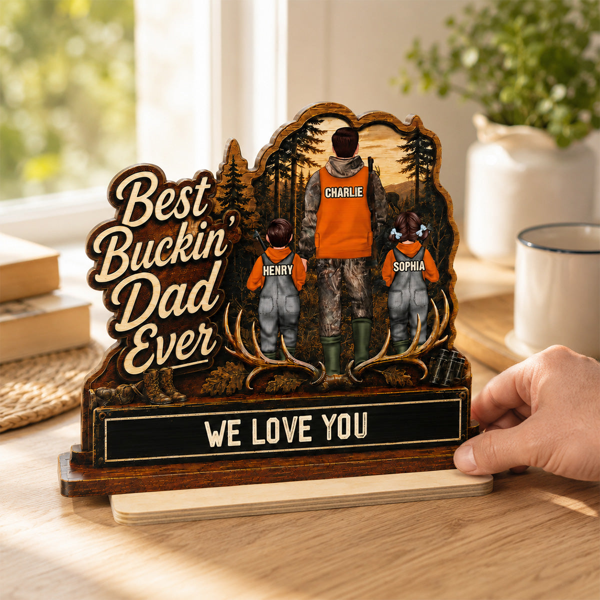 Best Buckin' Dad Papa Ever Hunting Man & Kids 2D Flat - Personalized 2-Layered Wooden Plaque - Gift For Hunting Dad, Grandpa