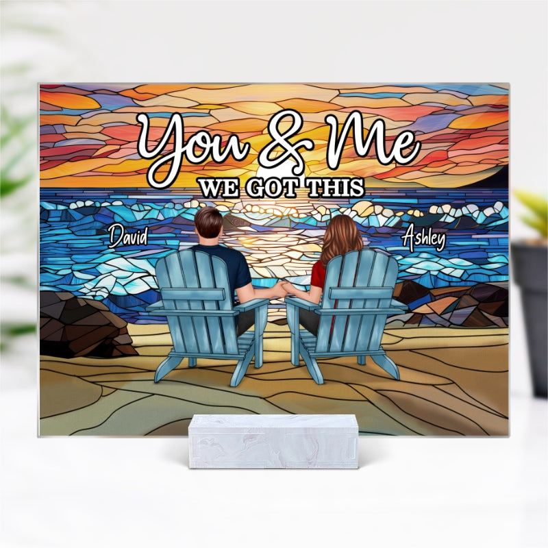 Stained Glass Back View Couple Sitting Beach Landscape Personalized Acrylic Plaque