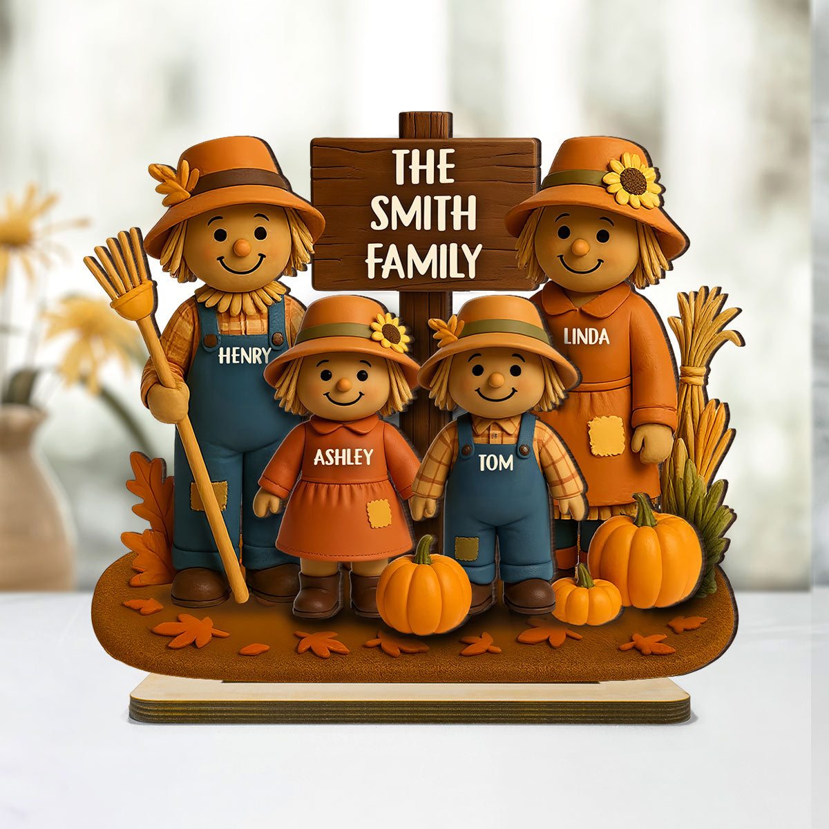 Fall Season Scarecrow Family 3D Effect Personalized 2-Layer Wooden Plaque