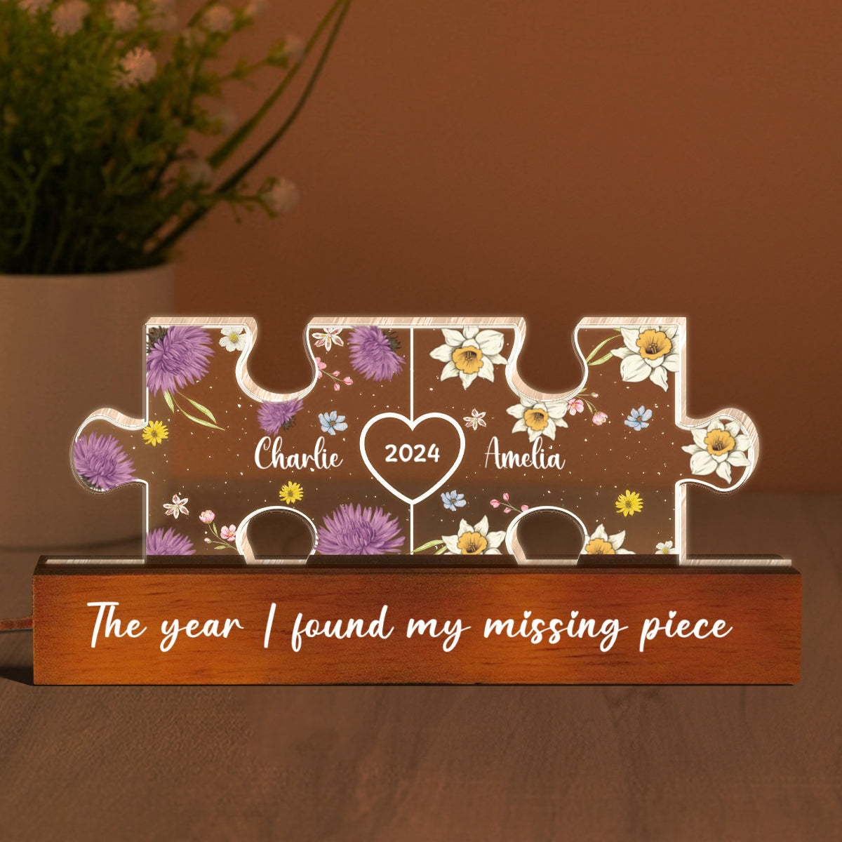 Couple Puzzle Birth Month Flower Theme Anniversary Gift Personalized Acrylic LED Night Light, Heartfelt 2025 Gift, Anniversary Gift For Her, For Girlfriend, For Wife