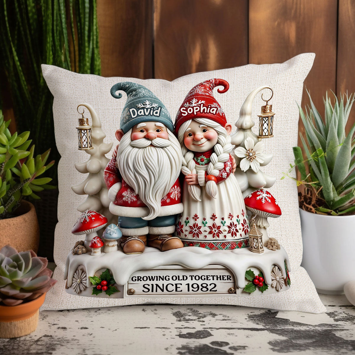 3D Effect Gnome Couple Together Personalized Pillow, Heartfelt Gift For Couple, For Him, For Her, Husband, Wife