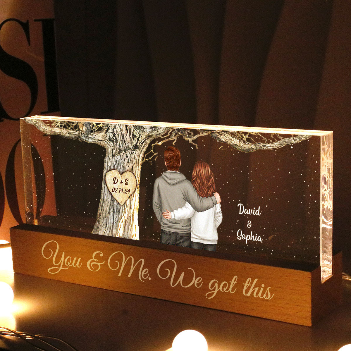 Couple Back View Engraved Tree Personalized Acrylic Block LED Night Light, Gift, Anniversary Gift for Him for Her