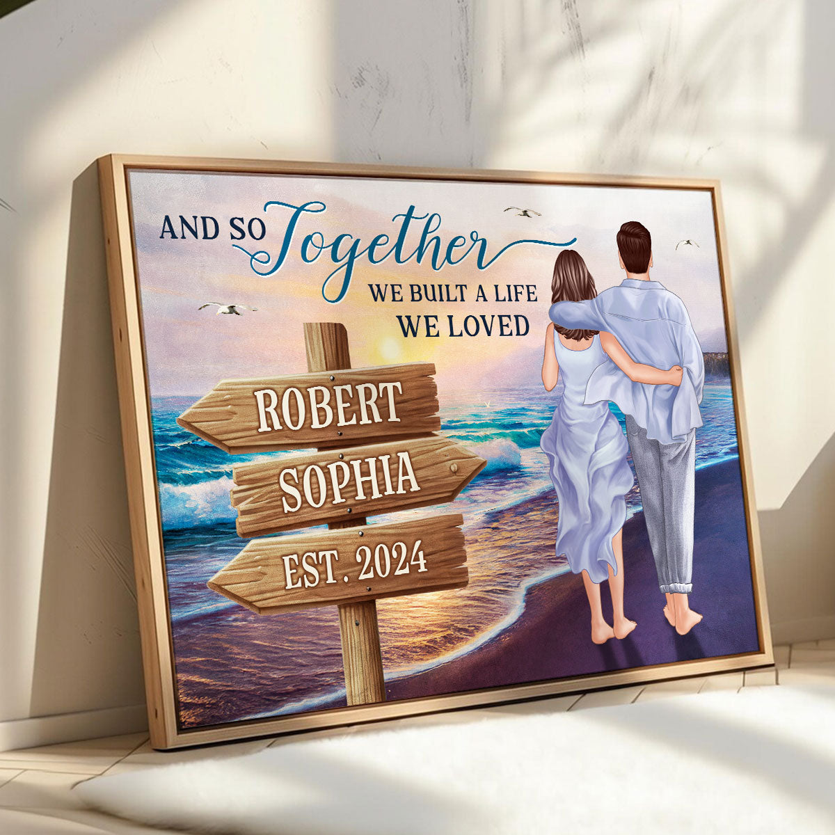 Couple Embracing And Walking On The Beach Personalized Poster, Heartfelt 2025 Gift For Couple, For Him, For Her, Boyfriend, Girlfriend, Husband, Wife