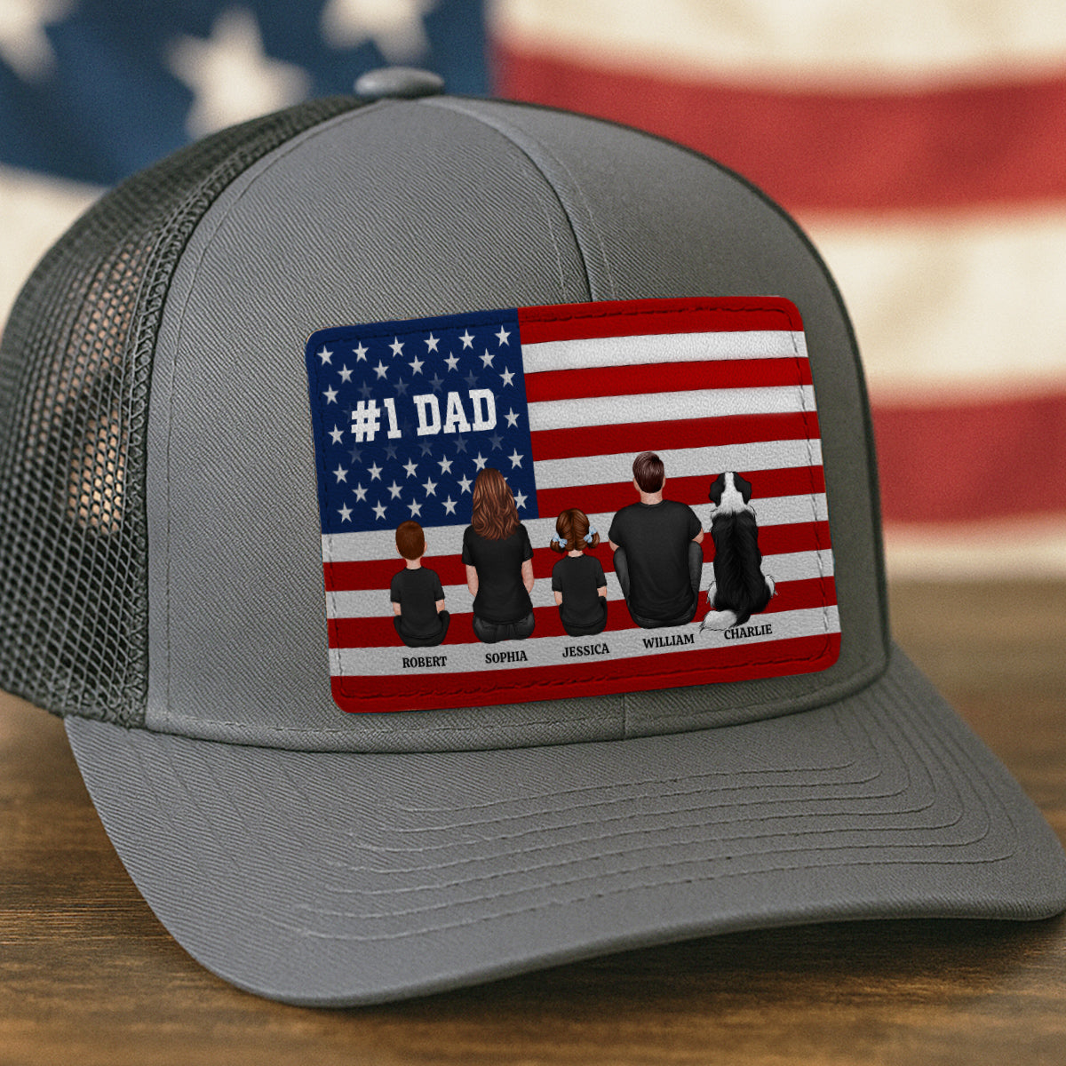 Nation Flag Dad And Kids Sitting Personalized Leather Patch Hat, Gift For Dad
