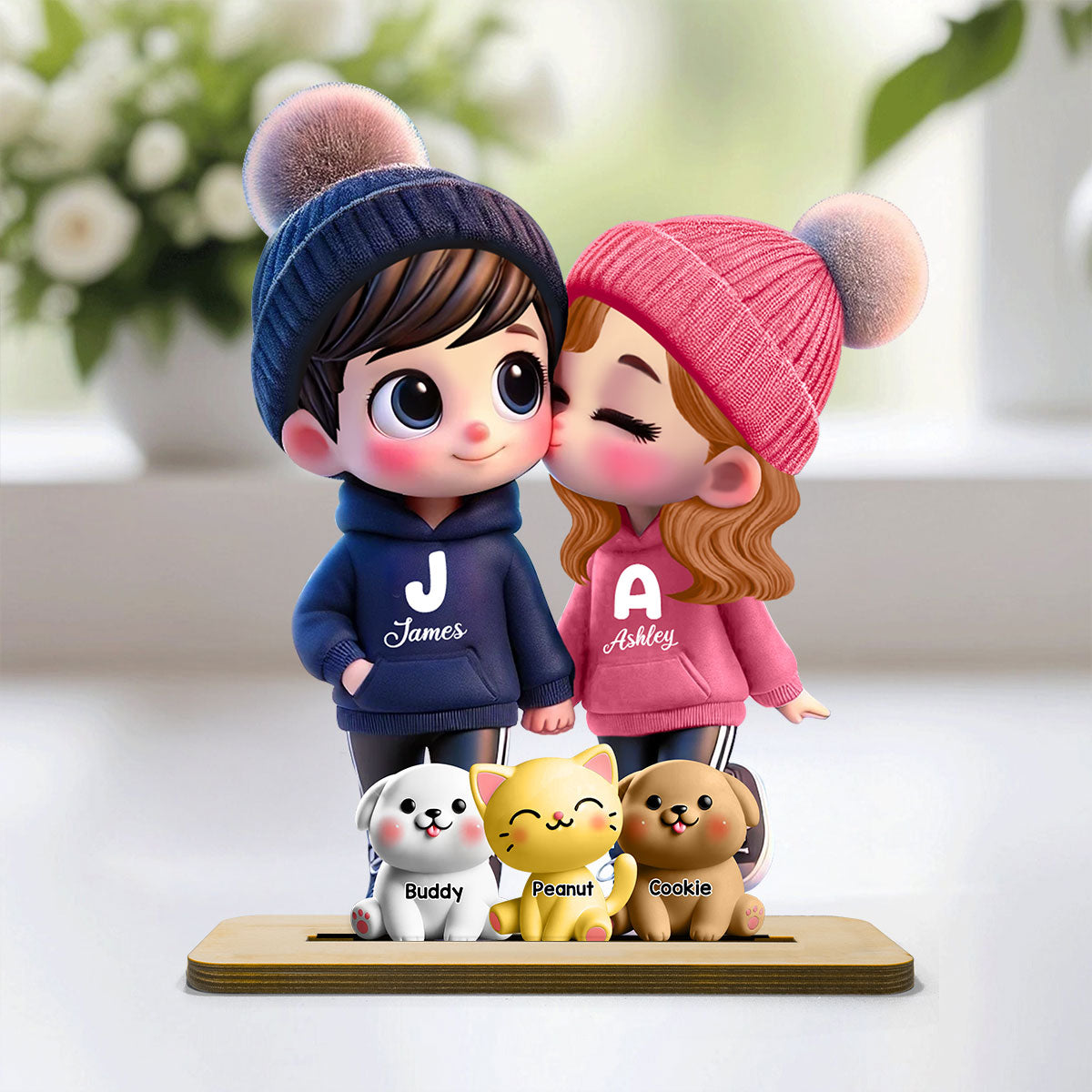 3D Effect Cute Cartoon Couple You Me And The Dog Cat Personalized Standing Wooden Plaque, Gift for Him, Gift for Her
