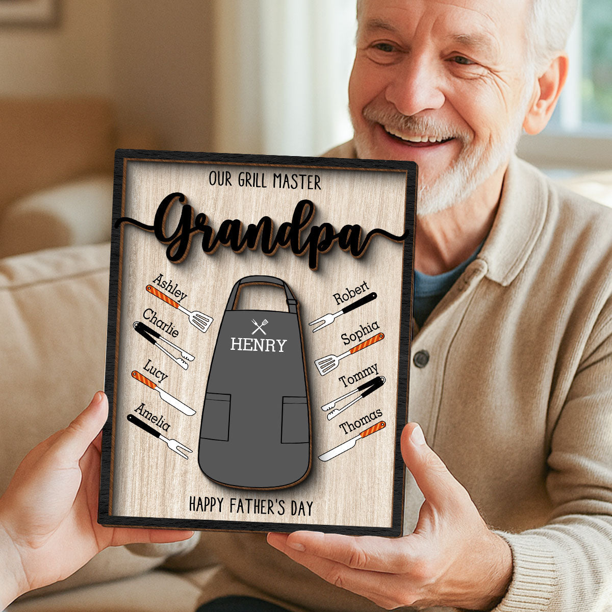 Our Grill Master Apron And Tools With Kids' Names Personalized 2-Layer Wooden Plaque, Gift For Husband, For Dad, For Grandpa