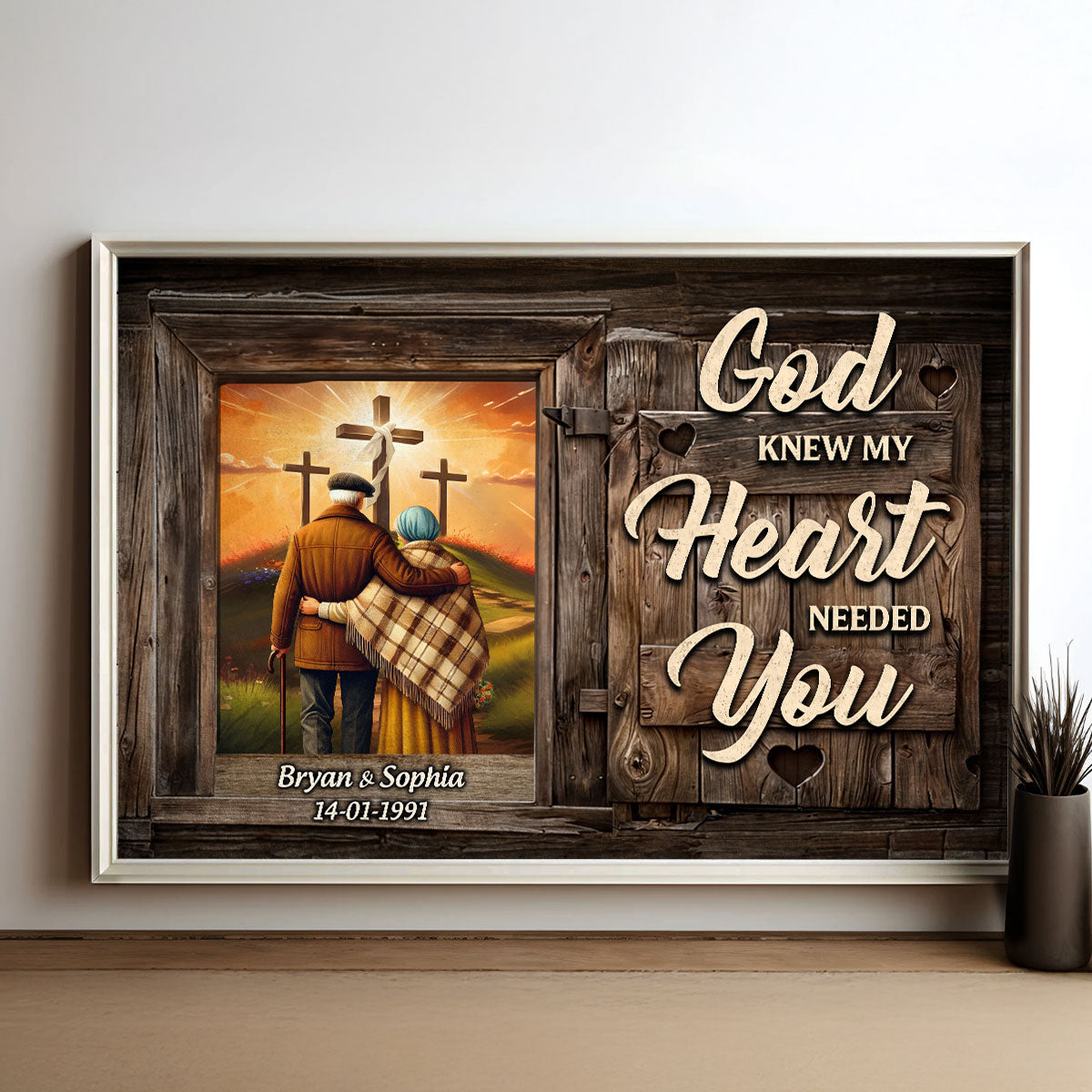 Cross God Knew My Heart Needed You Old Couple Walking Hugging Personalized Poster, Anniversary Gift For Him, Her, Husband, Wife