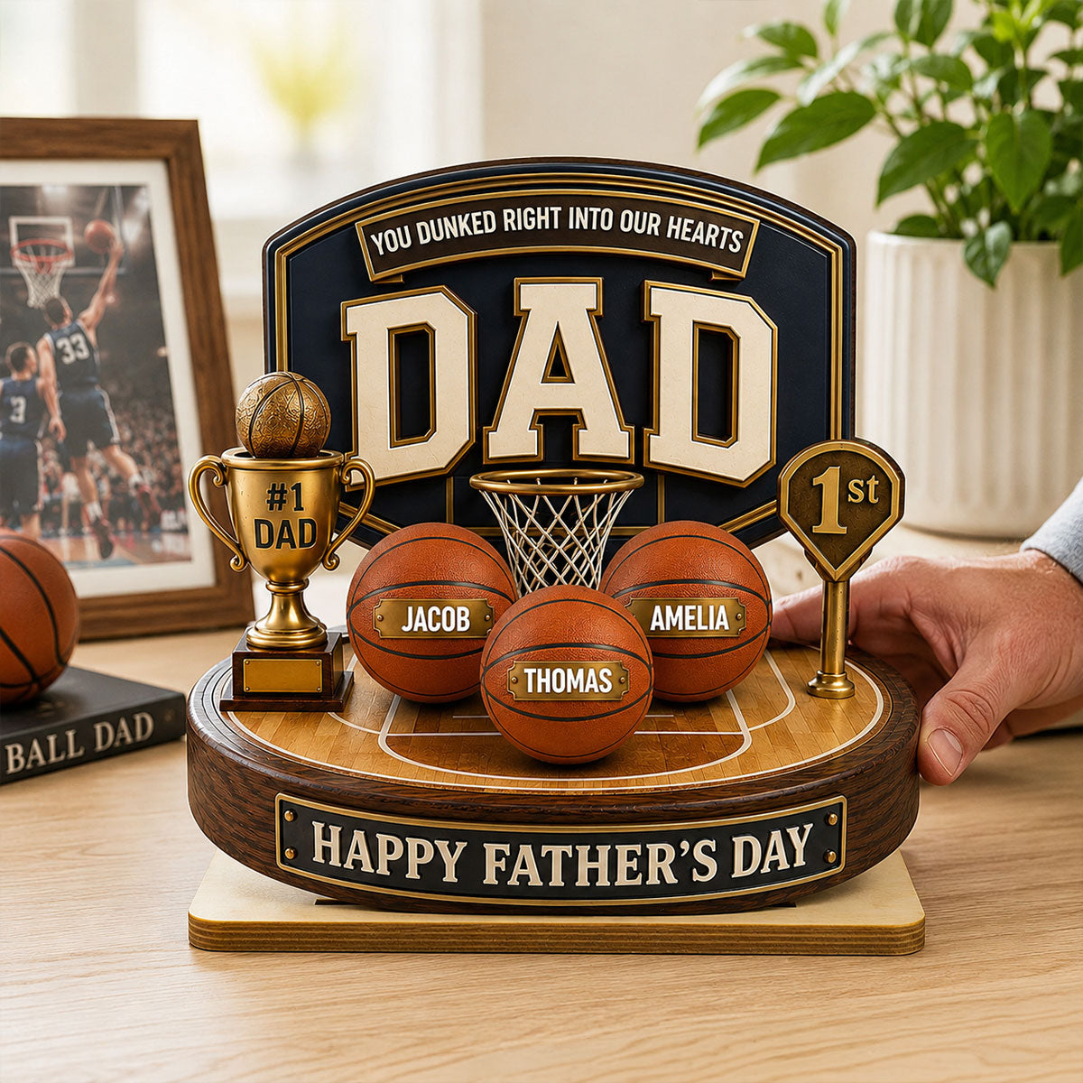 Basketball Trophy You Dunked Right Into Our Hearts - Personalized 2-Layered Wooden Plaque - Gift For Dad, Husband