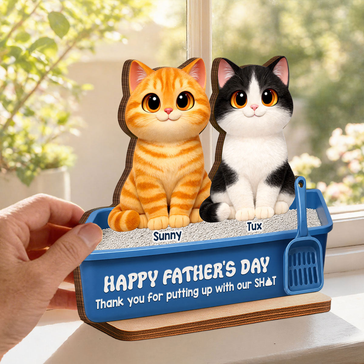 Cute Fluffy Cats Happy Thanks For Feeding And Scooping Poo 2D Flat - Personalized 2-Layered Wooden Plaque - Funny Gift For Cat Dad, Cat Lovers