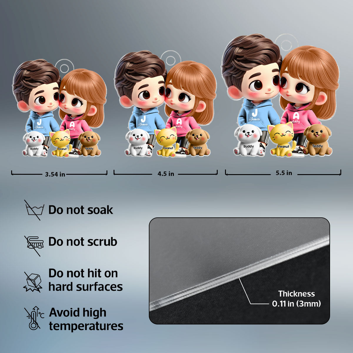 3D Effect Cute Cartoon Couple Holding Hands with Dogs Cats Personalized Acrylic Car Hanger, Anniversary & Gift for him, Gift for her