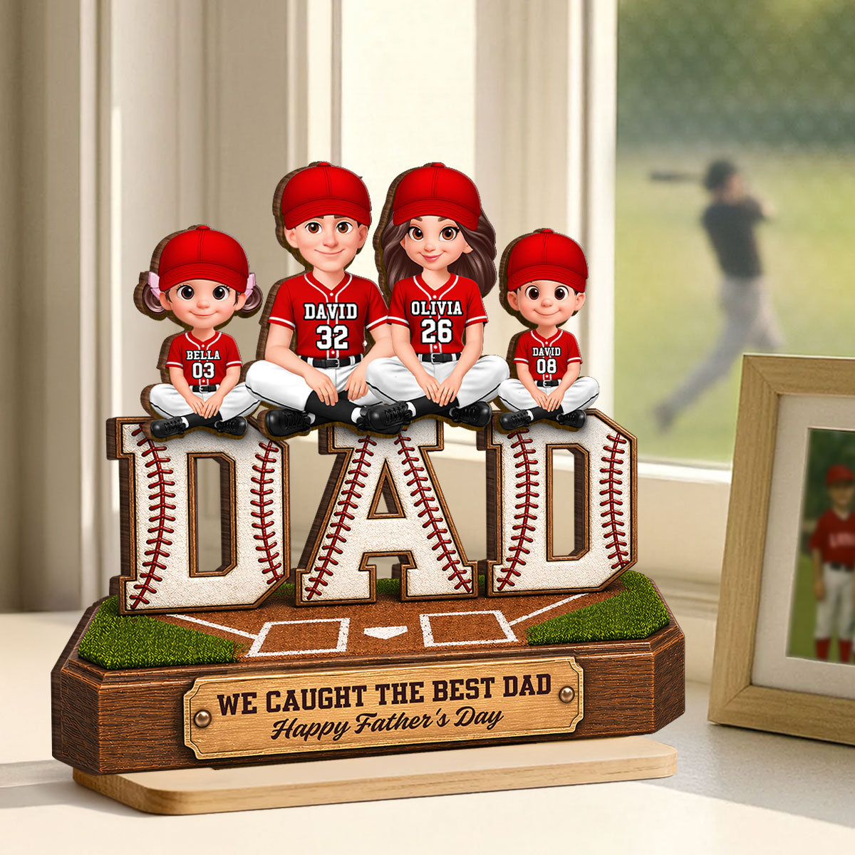 Baseball DAD We Caught The Best Dad - Personalized 2-Layered Wooden Plaque - Gift For Dad