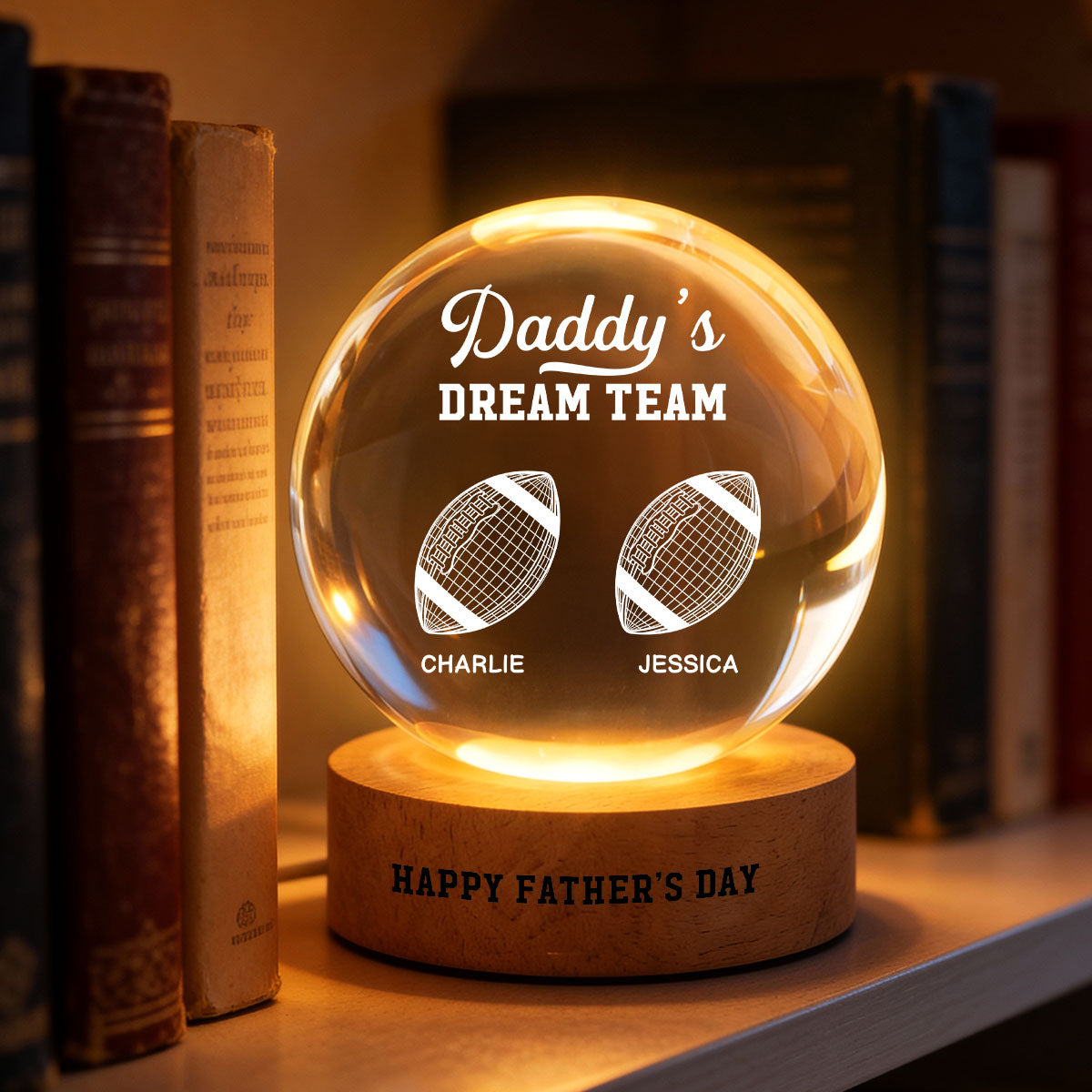 American Football Daddy's Dream Team Illusion Style - Personalized Crystal Ball LED Night Light - Gift For Dad, Husband