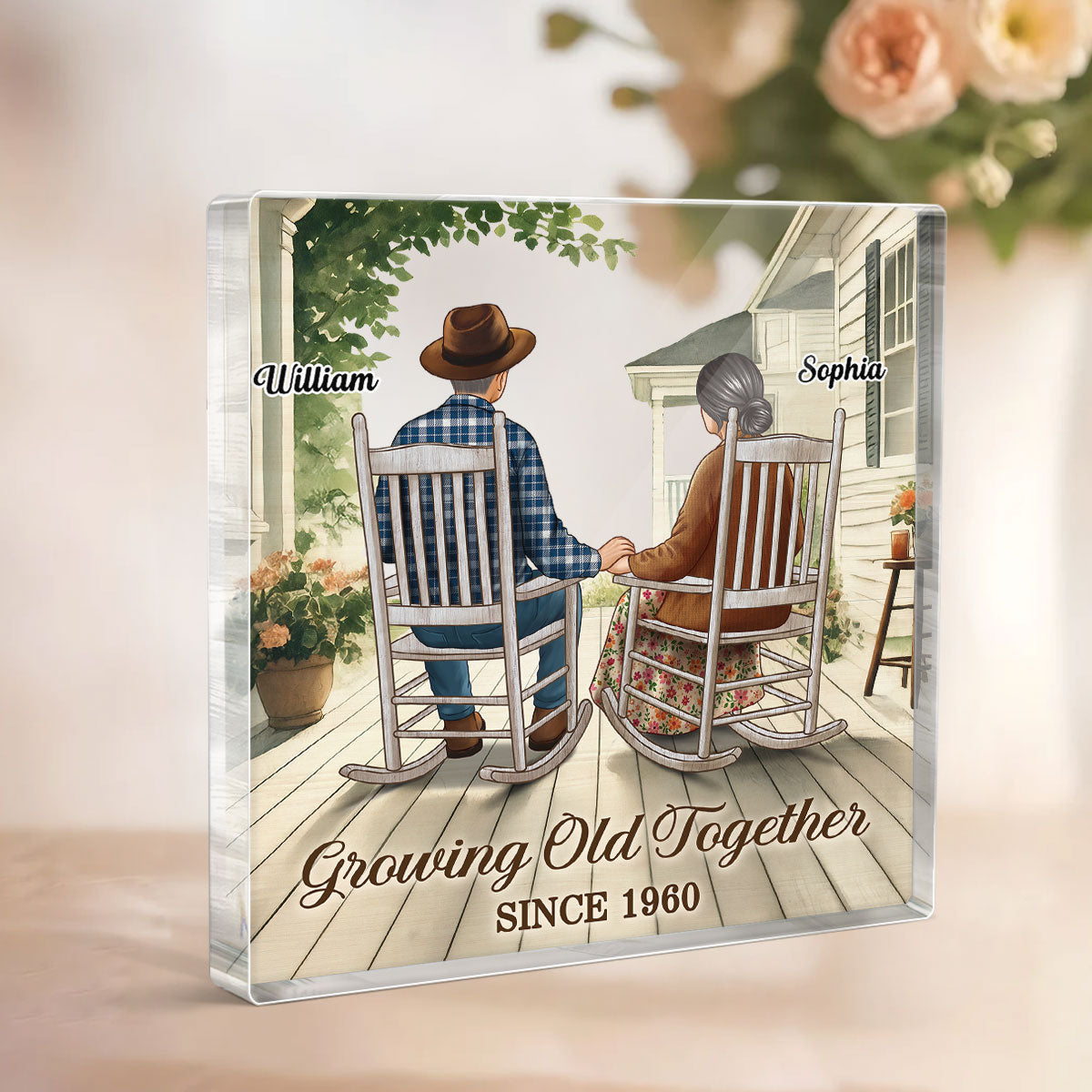 Old Couple Sitting On The Porch Personalized Square Acrylic Block Plaque, Heartfelt Gift For Couple, For Him, For Her, Husband, Wife