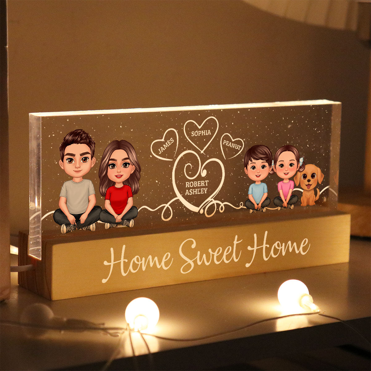 Home Sweet Home Cute Family Sitting Crossed Legs Personalized Acrylic Block LED Night Light, Gift For Her, Gift For Him