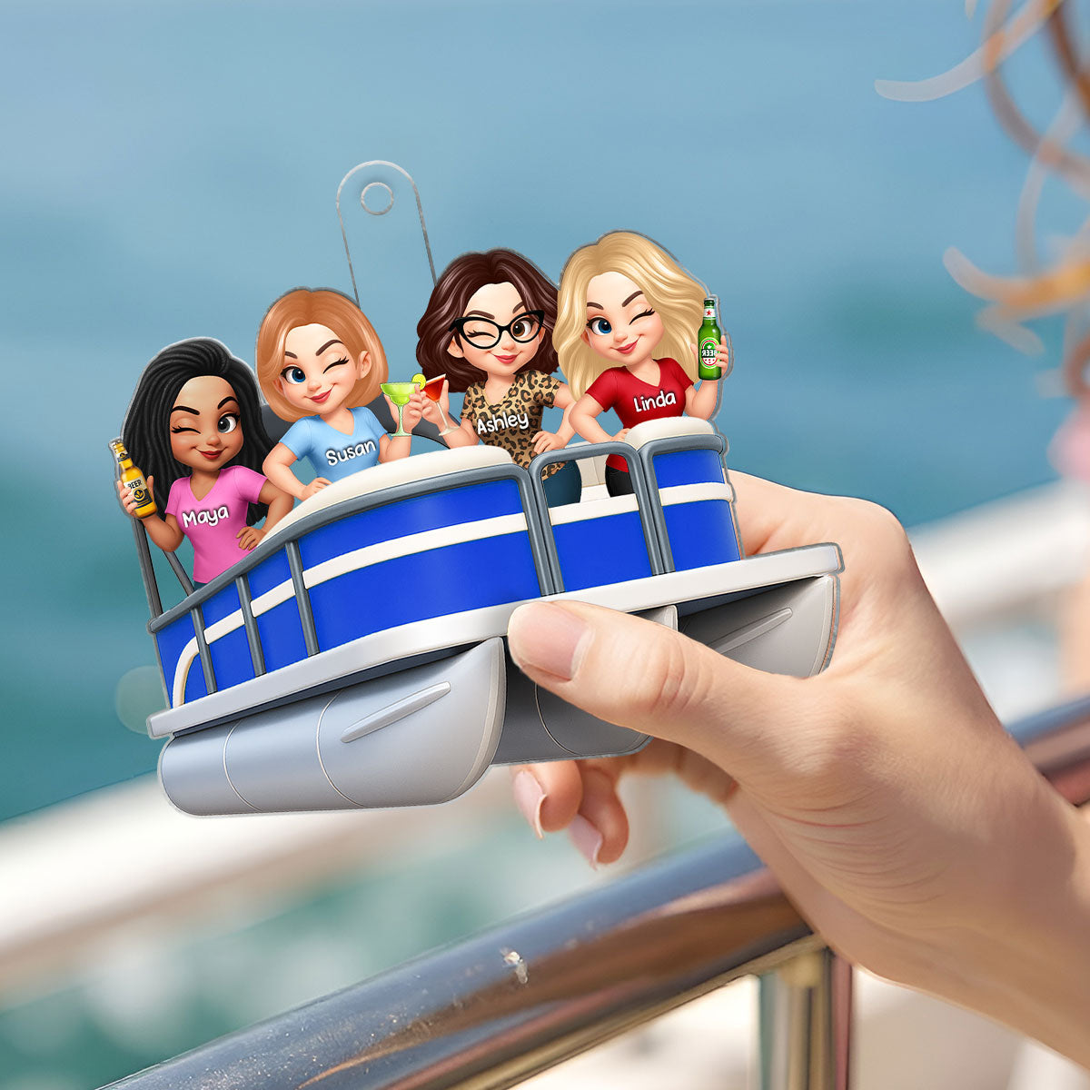 Besties On Pontoon Boat 3D Effect Personalized Acrylic Ornament Keepsake