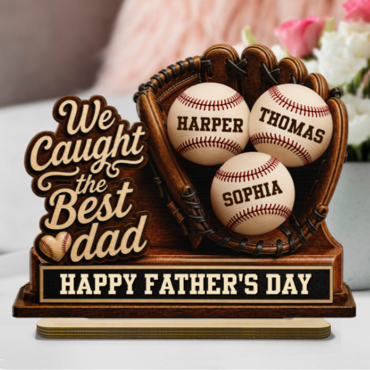 We Caught The Best Dad Baseball In Glove - Personalized 2-Layered Wooden Plaque - Happy For Baseball Dad