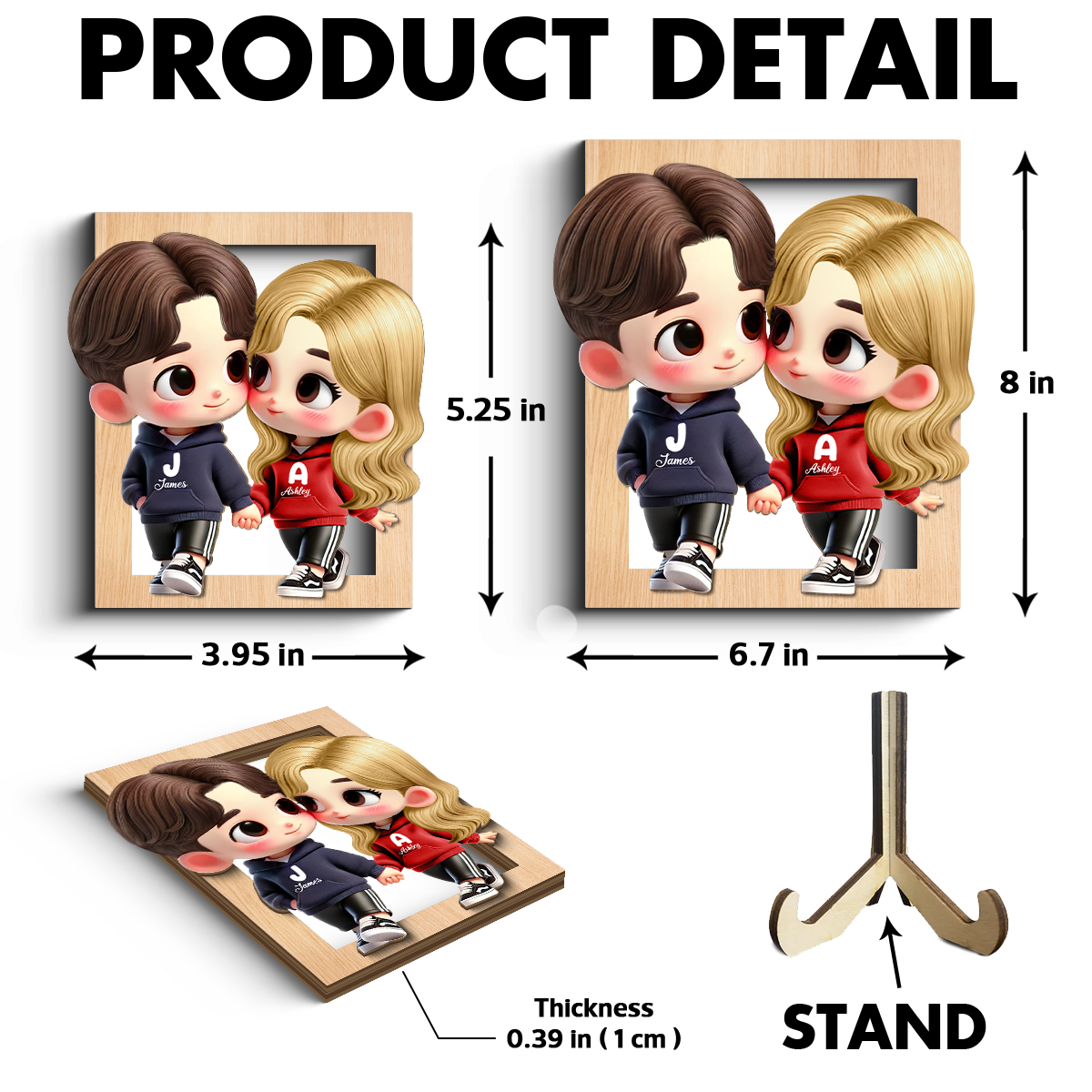 3D Effect Cute Cartoon Couple Holding Hands Personalized 2-Layered Wooden Plaque, Anniversary & Gift for him, Gift for her