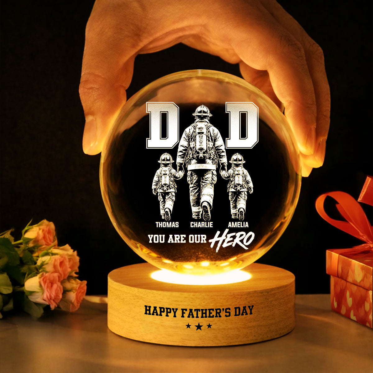 Proud Firefighter Dad You Are Our Hero - Personalized Crystal Ball LED Night Light - Gift For Dad, Husband