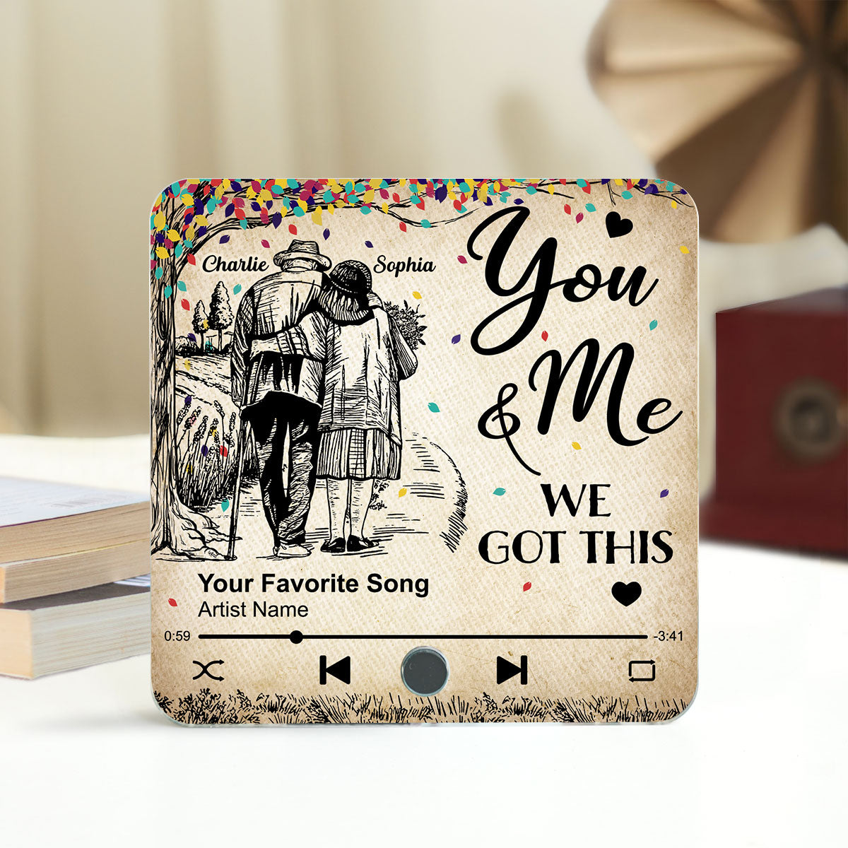 Colorful Tree Old Couple Walking Personalized Music Fridge Magnet, Heartfelt Gift For Couple, For Him, For Her, Boyfriend, Girlfriend, Husband, Wife