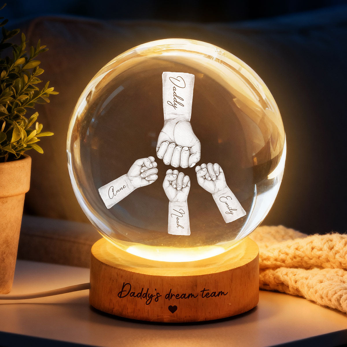 Daddy's Dream Team - Personalized Crystal Ball LED Night Light - Gift for Dad, Husband