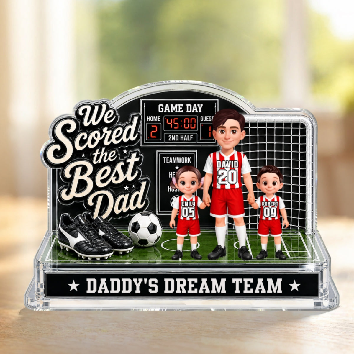 Soccer Dad & Kids On Court 2D Flat - Personalized Acrylic Block Plaque - Gift For Soccer Dad, UK Football Dad