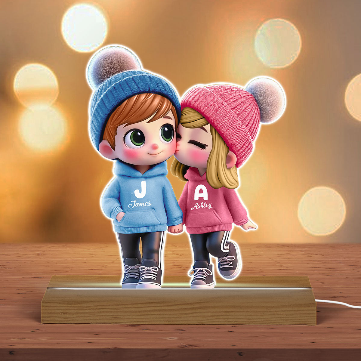 3D Effect Cute Cartoon Couple Walking Personalized Custom Shaped LED Night Light, Gift for Him, Gift for Her