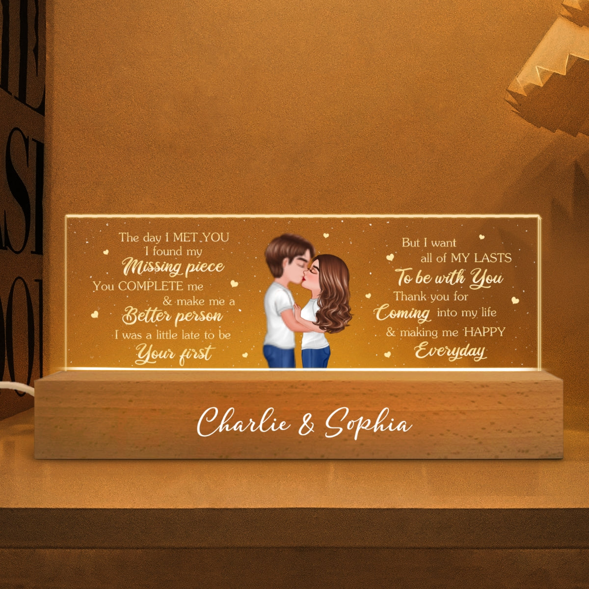 Personalized Acrylic Block LED Night Light, Couple Kissing Romatic Messages, Gift, Anniversary Gift for Him for Her