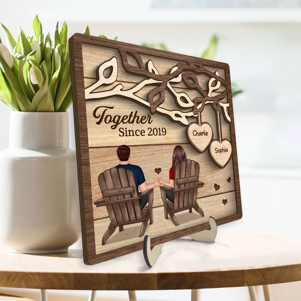 Couple Back View Sitting Under Tree Personalized 2-Layer Wooden Plaque, Valentine‘s Day Gift For Him, For Her