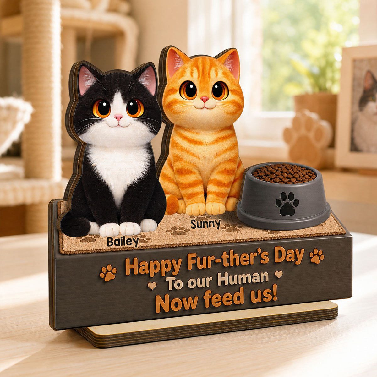 Cute Fluffy Cats Happy Fur-ther's Day Human - Personalized 2-Layered Wooden Plaque - Funny Gift For Cat Dad, Cat Lovers