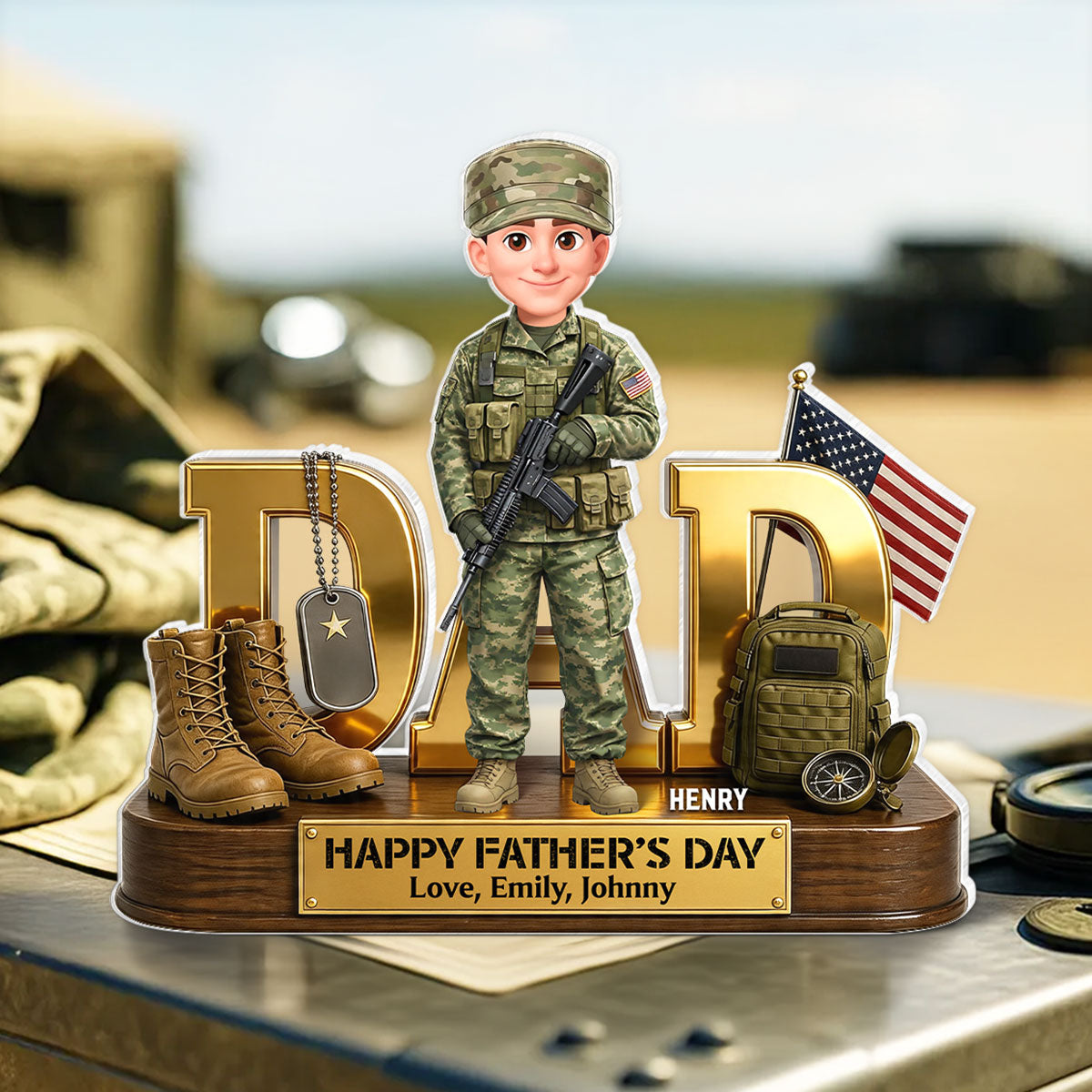 Proud American Military Armed Force Hero Dad 2D Flat - Personalized Acrylic Block Plaque - Unique Trending Gift For Dad, Husband