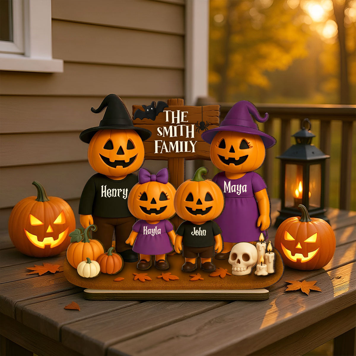 Jack O' Lantern Grandparents, Grandkids 3D Effect Personalized 2-Layered Standing Wooden Plaque, Halloween Decor