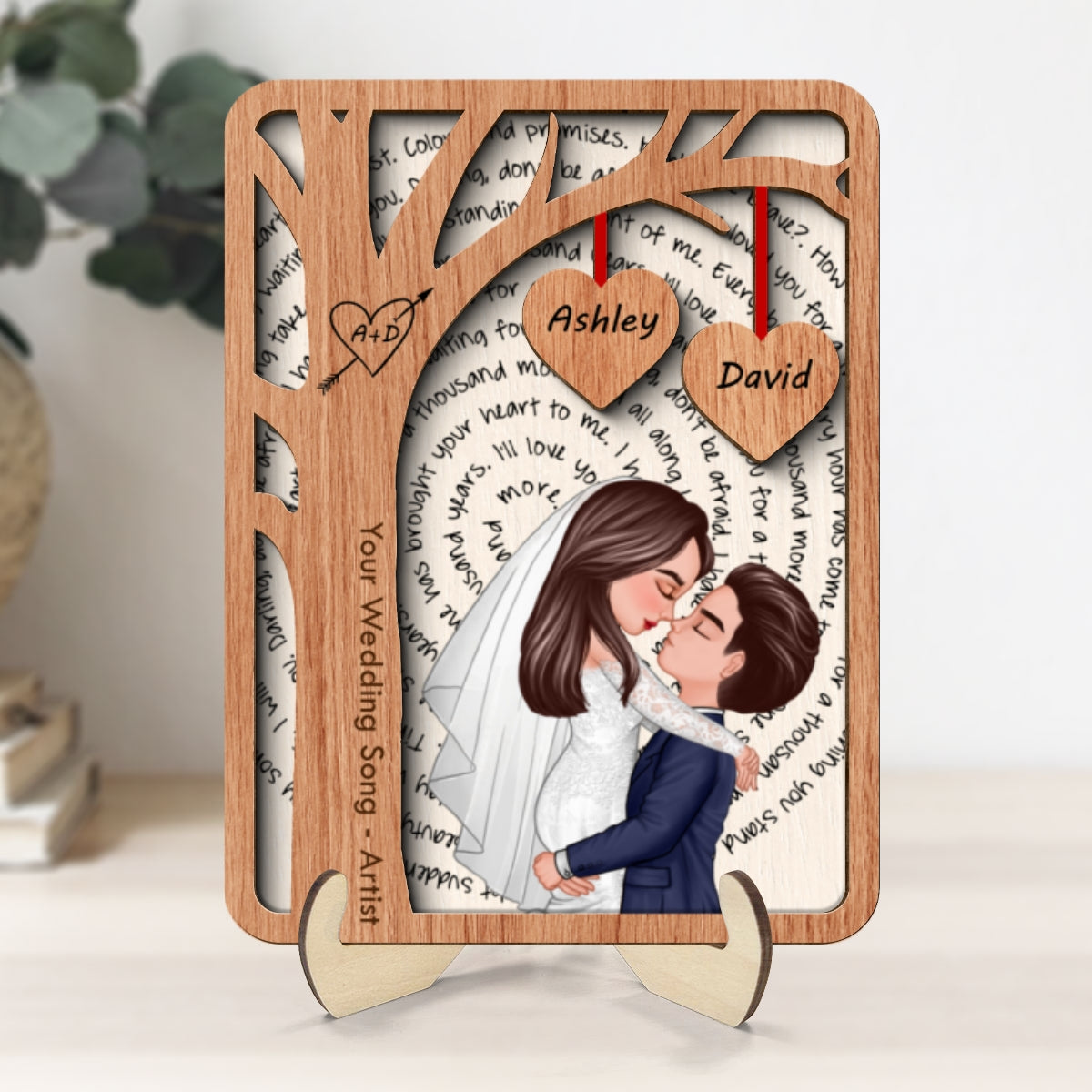 Couple Kissing Under Tree Custom Vinyl Lyrics Personalized Music 2-Layered Wooden Plaque, Wedding Song Dance, Gift for her & for him