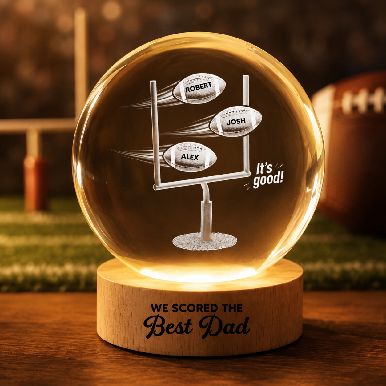 We Scored The Best Dad - Personalized Crystal Ball LED Night Light - Gift For Sport Dad | Soccer, UK Football, Baseball, Basketball, American Football