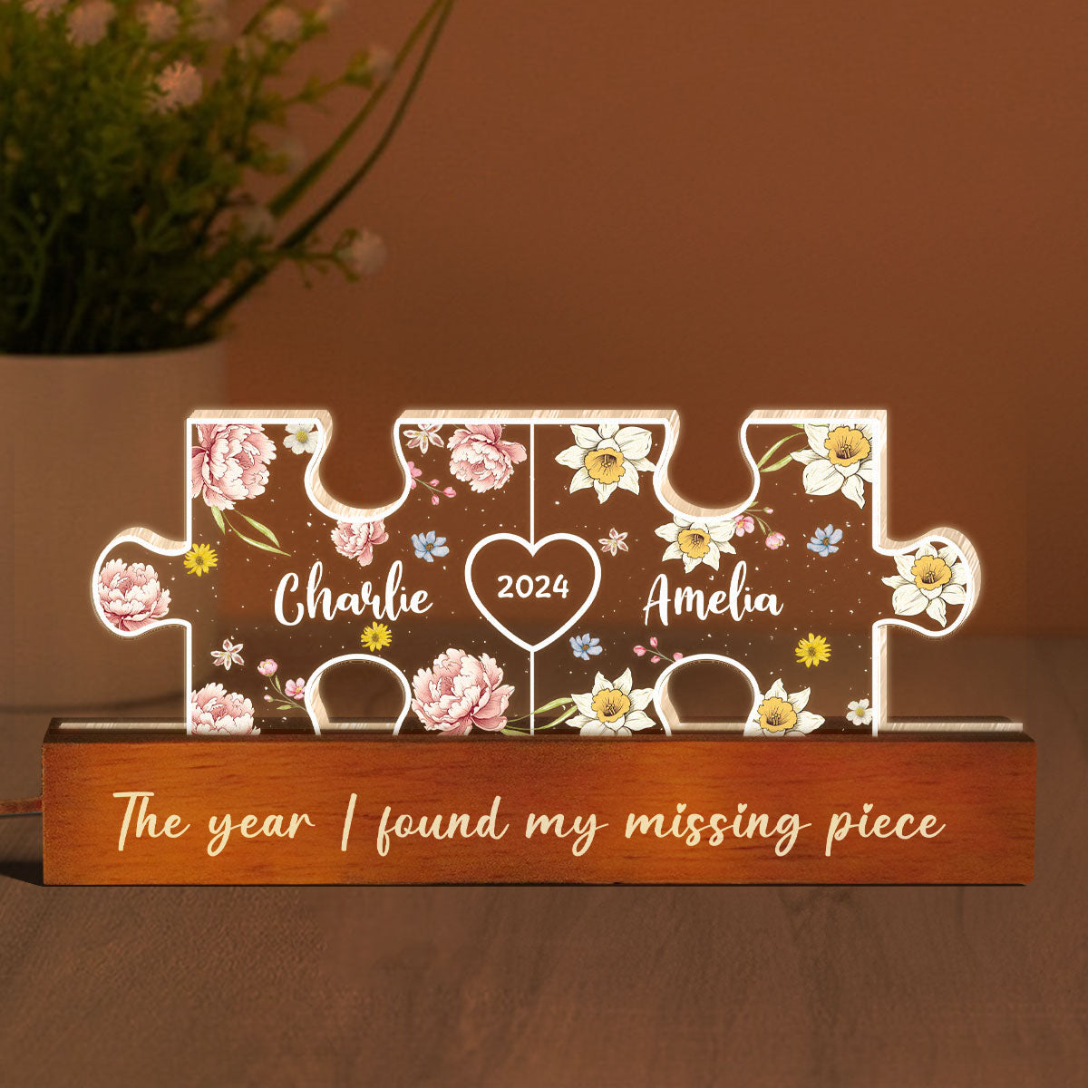 Couple Puzzle Birth Month Flower Theme Anniversary Gift Personalized Acrylic LED Night Light, Heartfelt 2025 Gift, Anniversary Gift For Her, For Girlfriend, For Wife