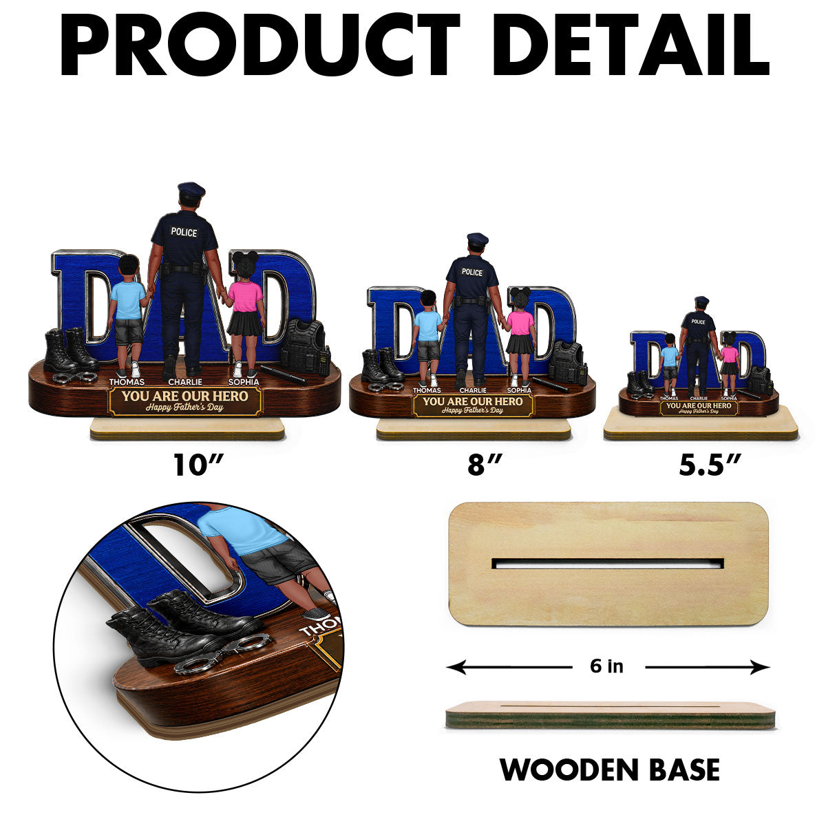 Proud American Police Dad You Are Our Hero - Personalized 2-Layered Wooden Plaque - Gift For Dad