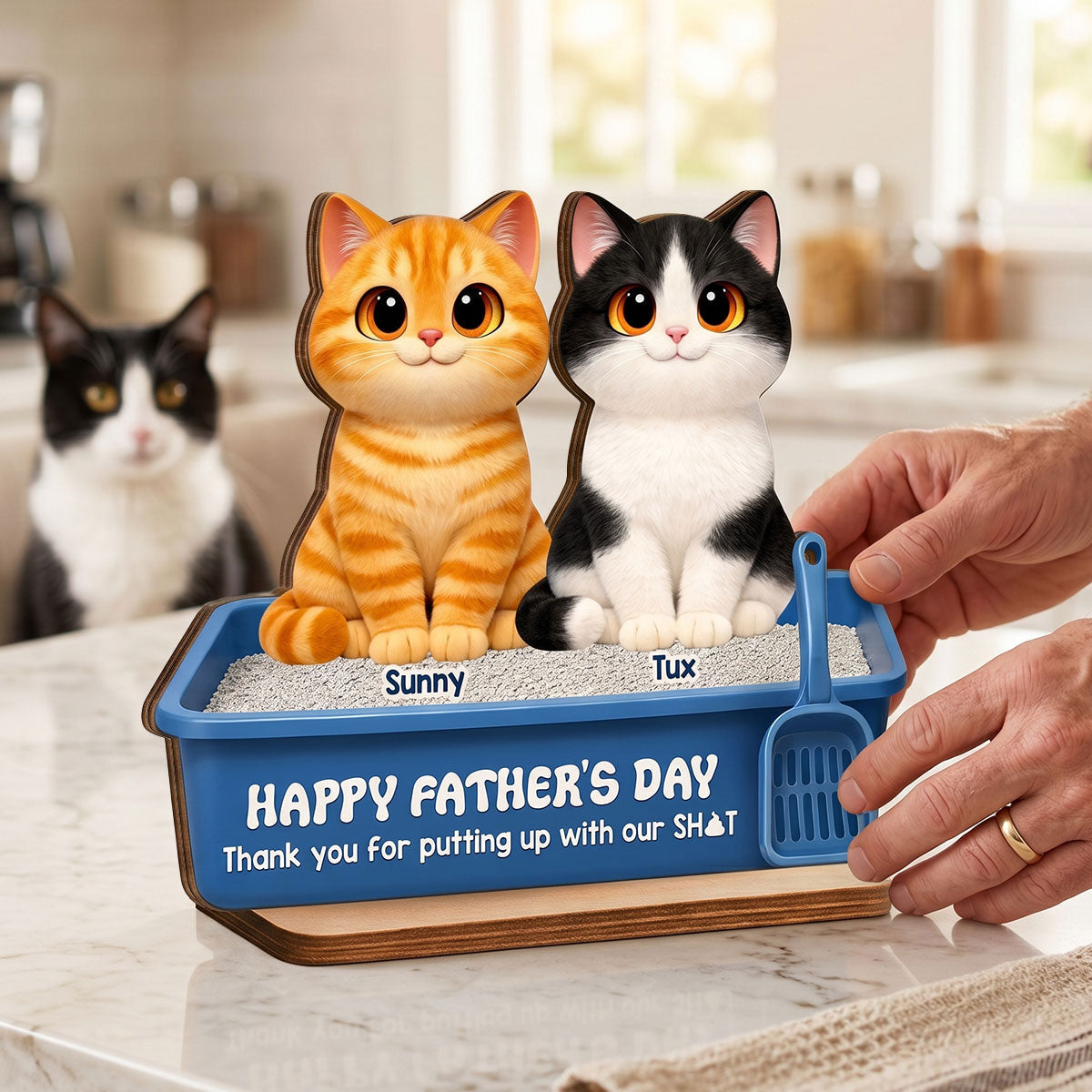 Cute Fluffy Cats Happy Thanks For Feeding And Scooping Poo 2D Flat - Personalized 2-Layered Wooden Plaque - Funny Gift For Cat Dad, Cat Lovers
