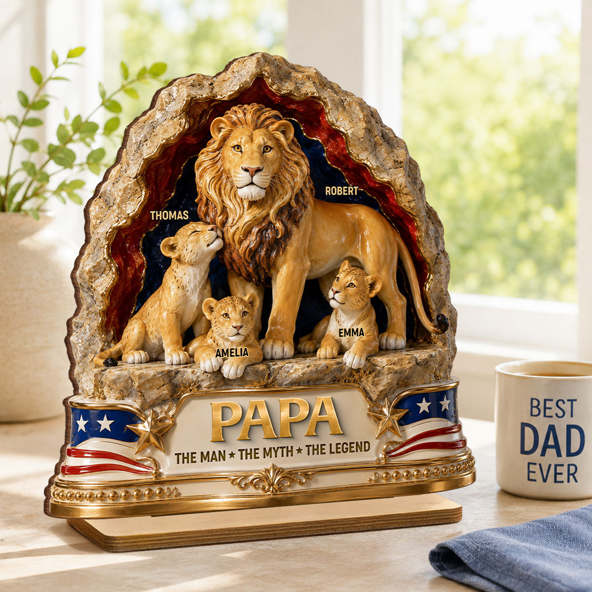 Lion Dad the Legend - Personalized 2-Layered Wooden Plaque - Gift for Dad, Husband