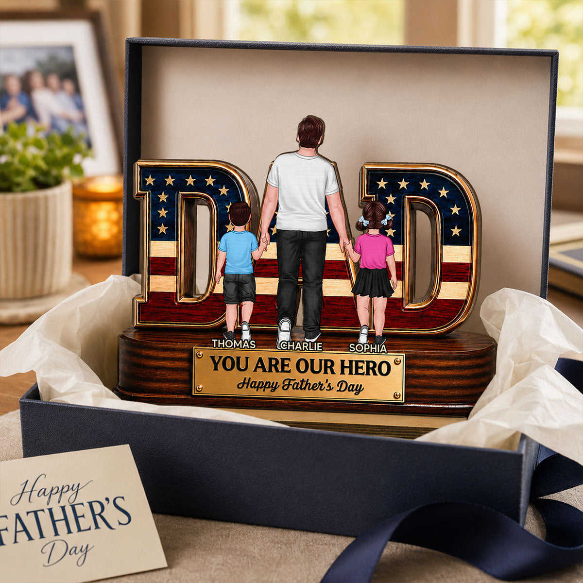 Nation Flag Dad And Kids You Are Our Hero - Personalized 2-Layered Wooden Plaque - Gift For Dad, Husband