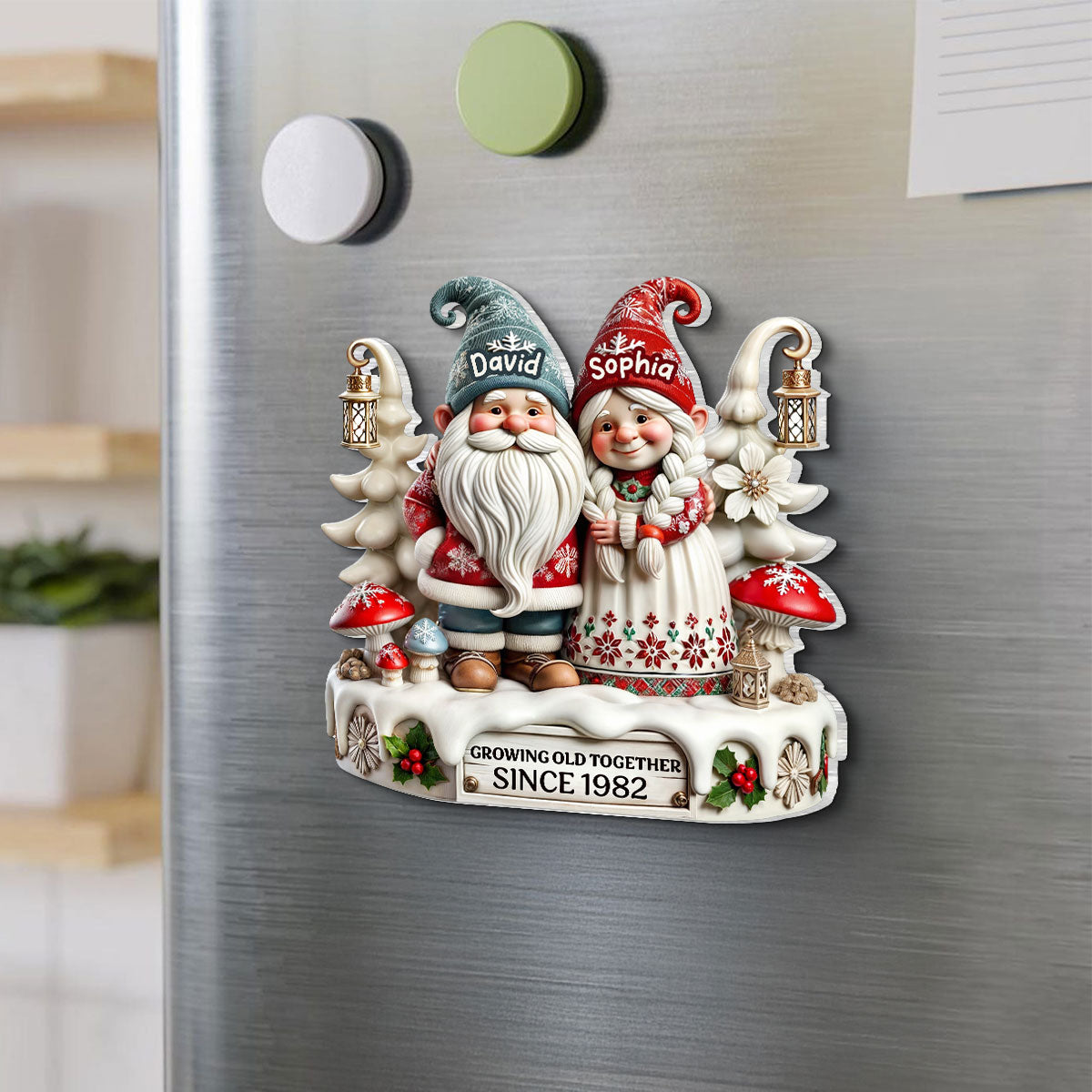 3D Effect Gnome Couple Together Personalized Acrylic Fridge Magnet, 2025 Heartfelt Gift, Anniversary Gift For Couple, For Him, For Her, Husband, Wife