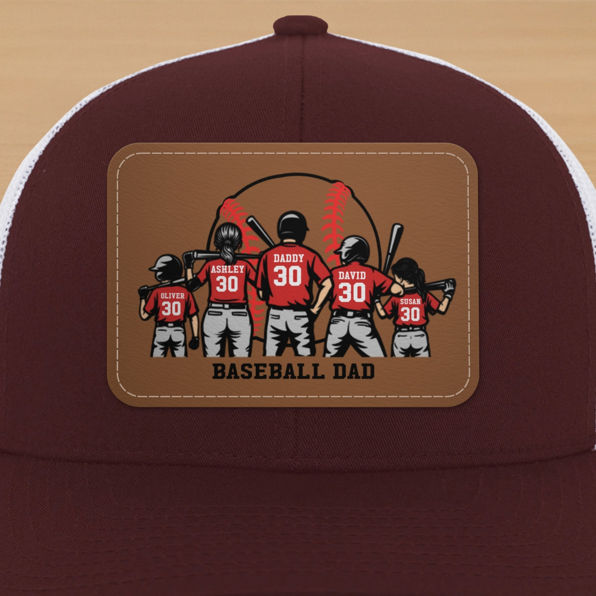 Baseball Dad And Kids Back View Silhoutte Personalized Leather Pacth Hat, Father's Day gift