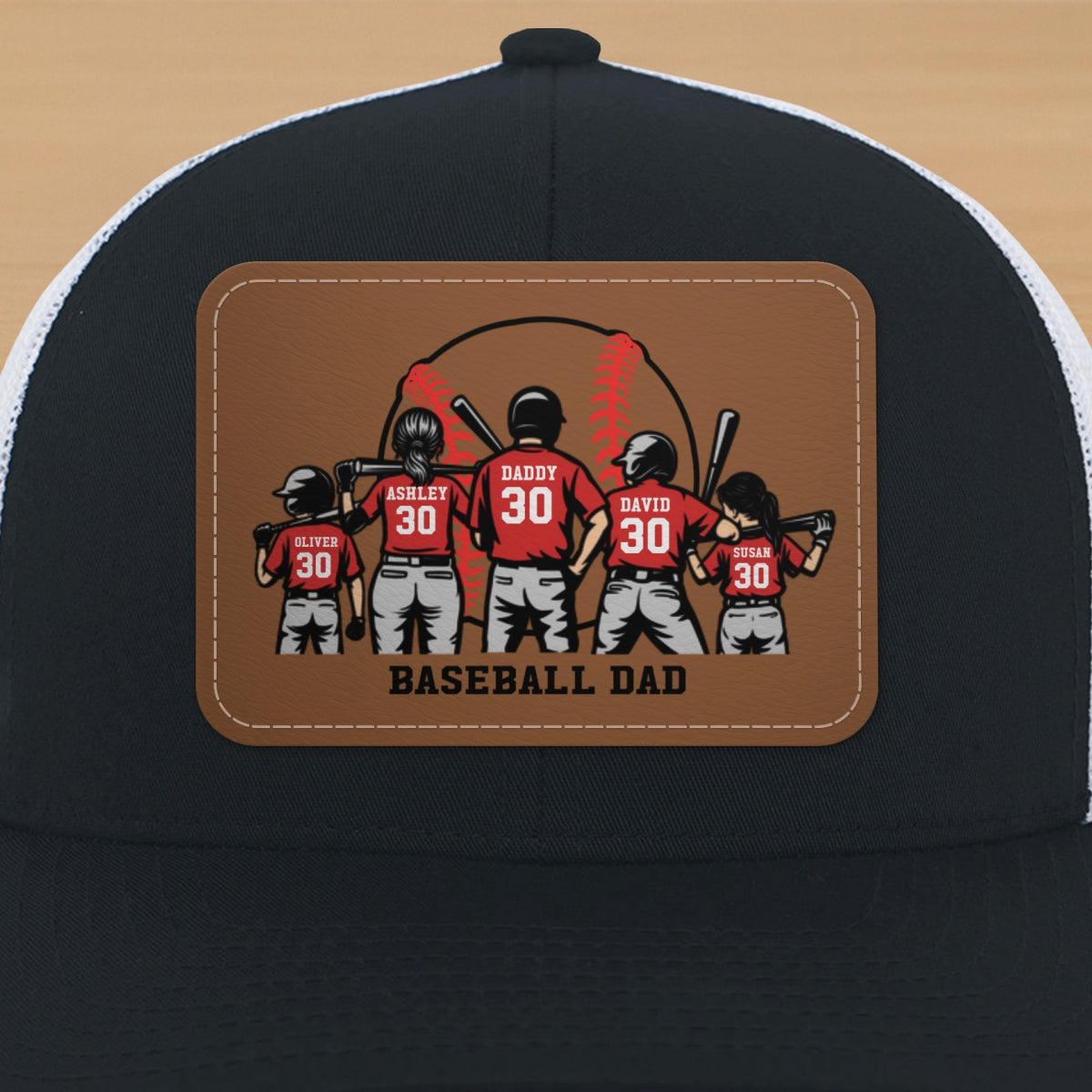 Baseball Dad And Kids Back View Silhoutte Personalized Leather Pacth Hat, Father's Day gift