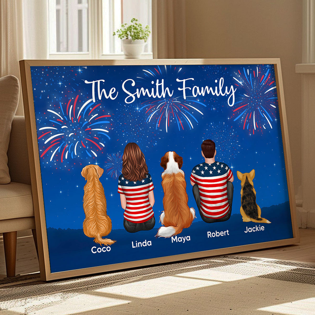 American Family At Night Firework 4th Of July Personalized Poster, Father's Day gift, gift for family