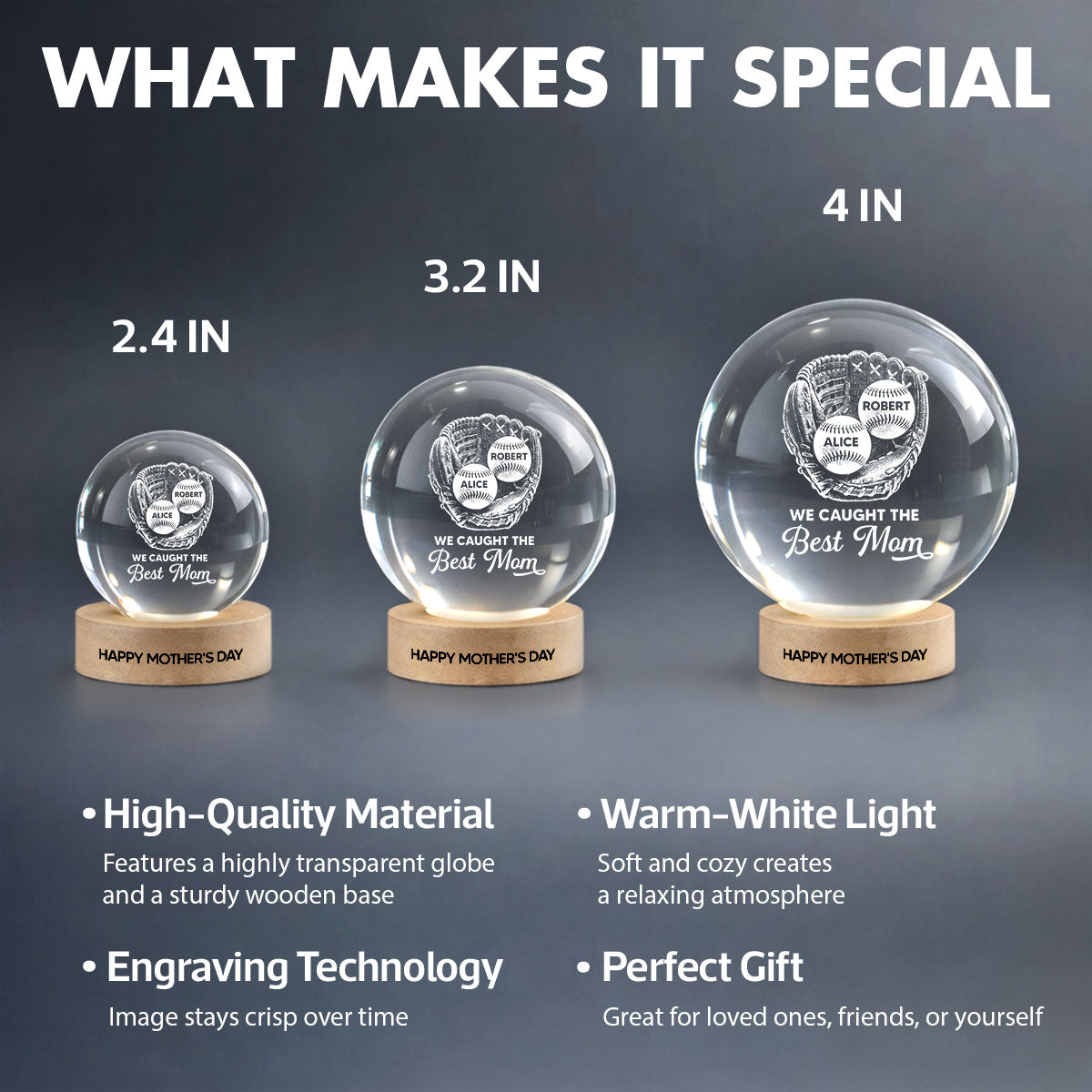 Baseball In Baseball Glove We Caught The Best Mom - Personalized Crystal Ball LED Night Light - Mother's Day Gift For Baseball Mom