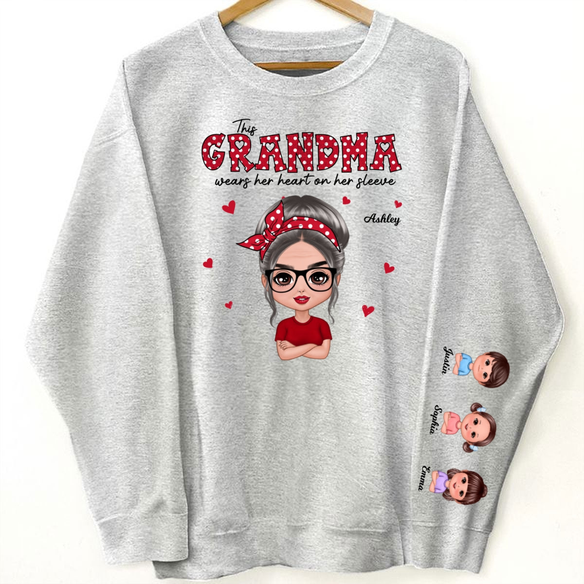 This Grandma Wears Her Heart On Her Sleeve Polka Dot Pattern Personalized Sleeve Printed Sweatshirt
