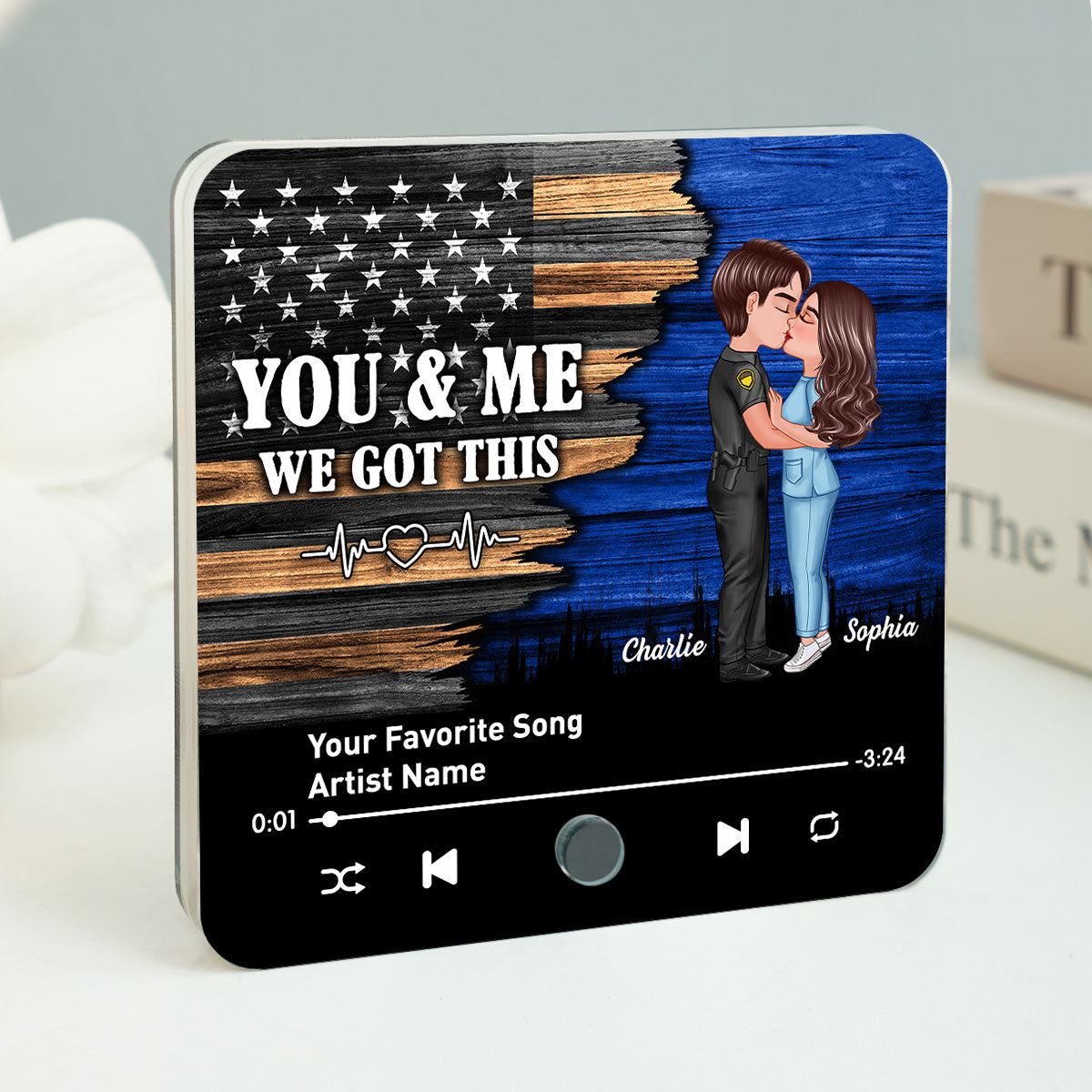 Hero Couple Kissing Half Flag Gift by Occupation Personalized Music Fridge Magnet, Gift For Him, For Her